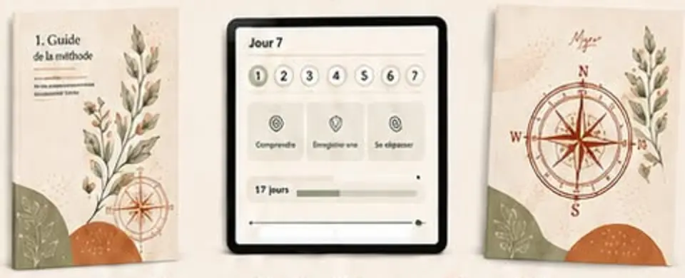 Les trois supports de La Boussole : le guide de la méthode, le parcours guidé jour après jour sur tablette, et la boussole pratique.